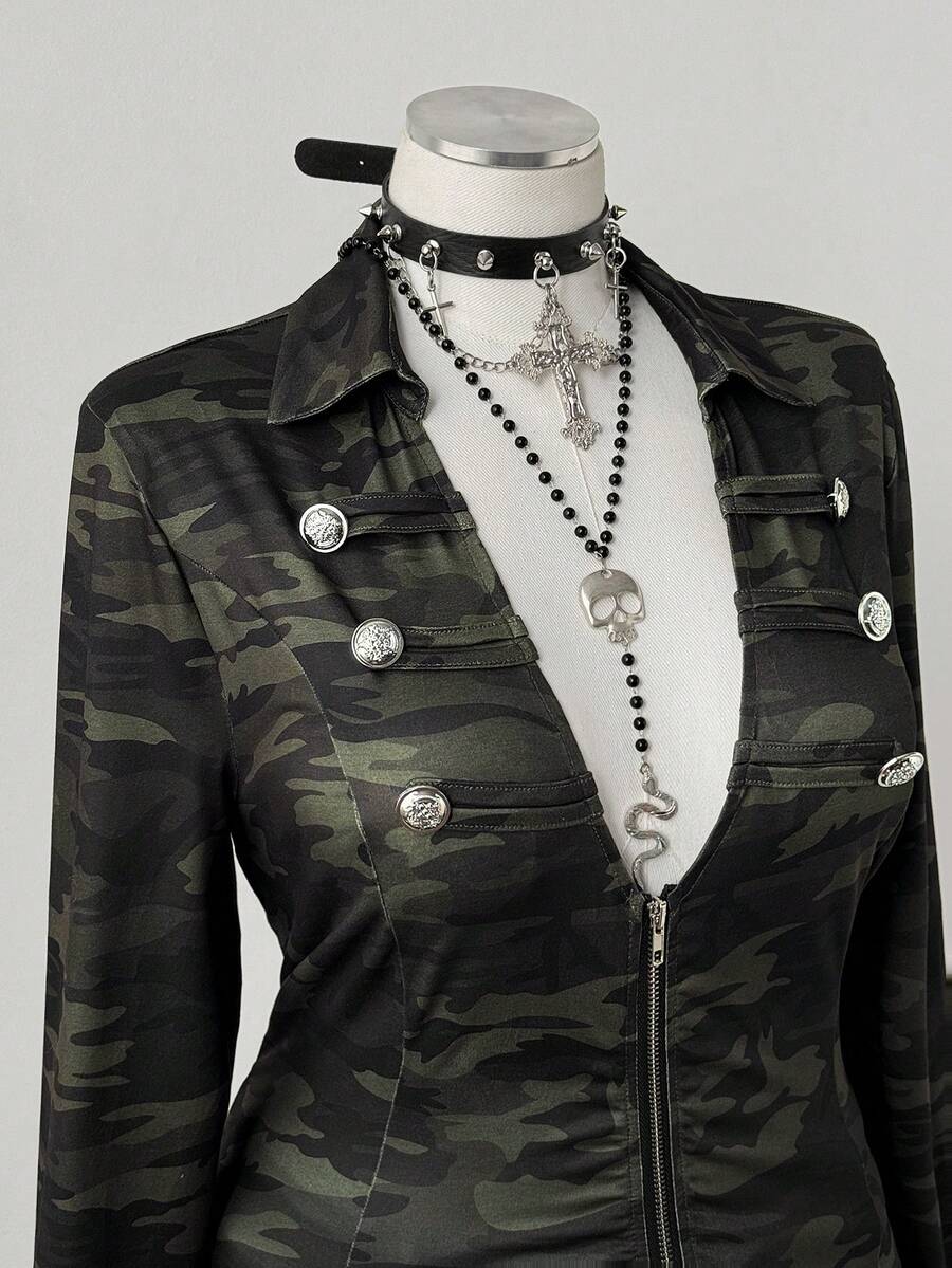 Whyspr 大码休闲迷彩印花前拉链长袖T恤 - 彩色 - 查看 1