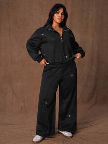 Rustia 大码休闲银箔卫衣和运动裤两件套 - 黑色 - 查看 1