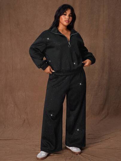 Rustia 大码休闲银箔卫衣和运动裤两件套