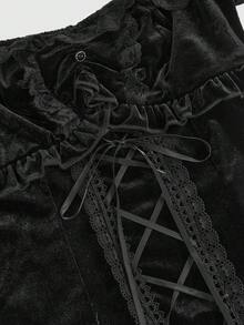 ROMWE Goth Dark Velvet & Contrast Lace Off-Shoulder Women Top - Black - View 3