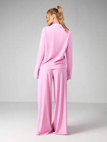 Missguided x Playboy Damen Pyjama-Set mit Kragen, Knopfleiste, Langarm und weiter Palazzo-Hose mit Kordelzug, Loungewear, Nachtwäsche