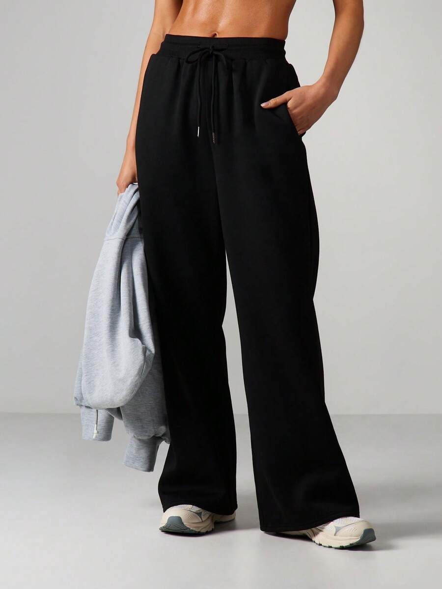 MISSGUIDED High Waisted Flared Leg Joggers With Drawstring Waistband Wide Leg Sweatpants Comfortable Casual Lounge Pants For Everyday Wear - Black - View 1