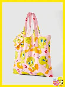 LOONEY TUNES X SHEIN 1 chiếc, Túi đeo vai hình vịt vàng có hoa, túi xách gấp gọn, phù hợp cho nữ. - Màu Hồng baby - Xem 3