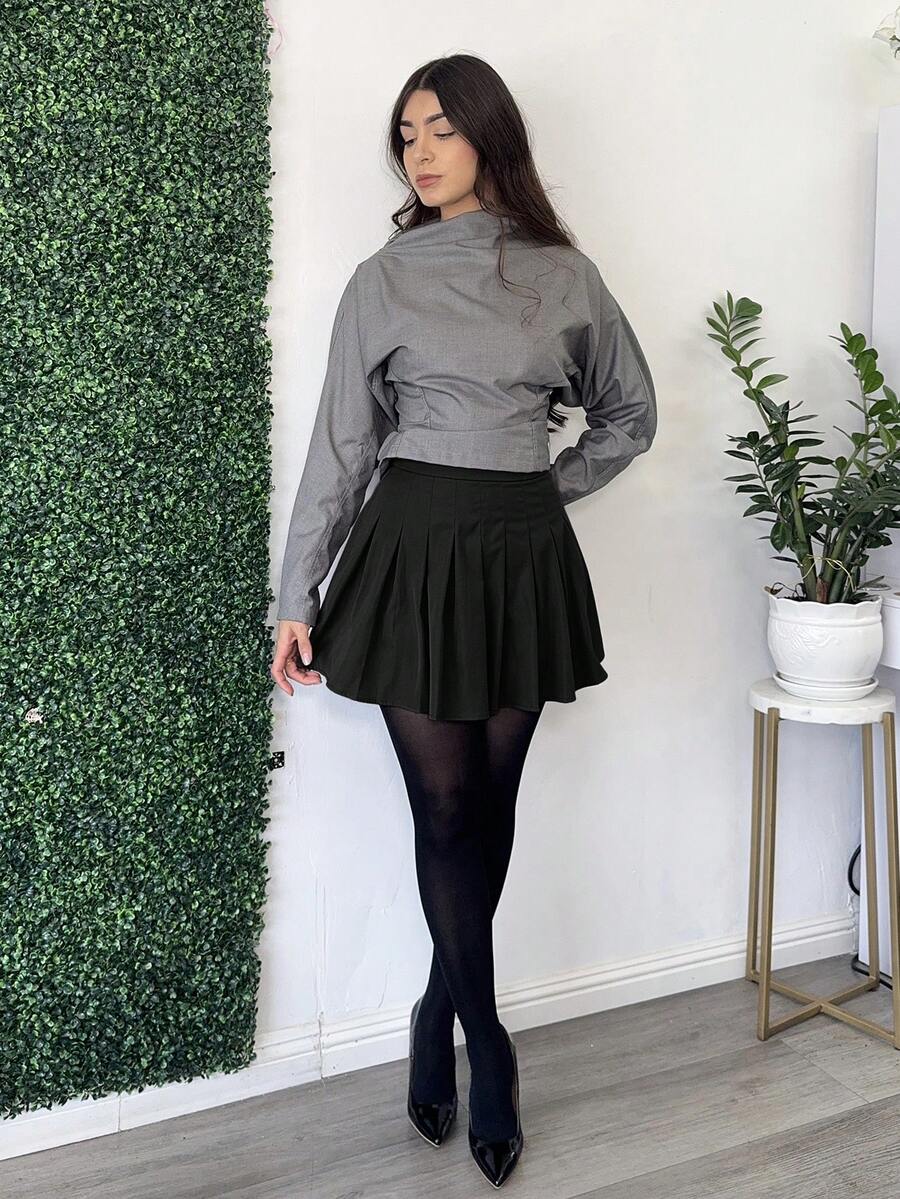 Andrea Bello Mini Skirt Zipper Solid Pleated Skirt - Black - View 1