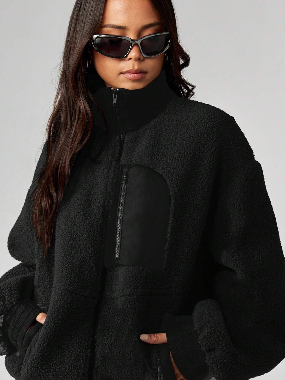 MISSGUIDED Oversized Borg Fleece Drawstring Jacket With High Nylon Collar And Zip Front Closure For Fall Winter