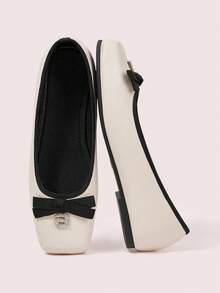 CUCCOO DOLLMOD Women's Square Toe Flat Shoes With Letter Rhinestone Bow, Comfortable Ladies Shoes - Apricot - View 2