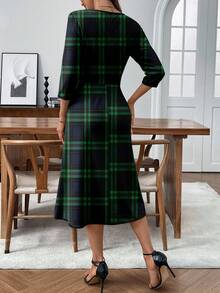EMERY ROSE 女士格子圆领七分袖优雅中长连衣裙，格纹连衣裙，女士职业装，格子连衣裙，女教师连衣裙，七分袖连衣裙 - 綠色 - 查看 2