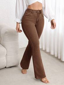 EMERY ROSE Plus Size Women High Waist Pockets Casual Versatile Flare Jeans - Coffee Brown - View 3