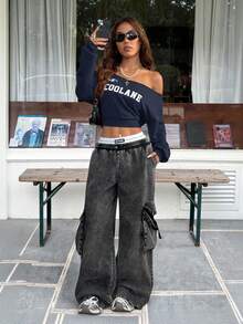 SHEIN EZwear 女士冬季休闲单肩宽松运动衫 - 藏蓝色 - 查看 3