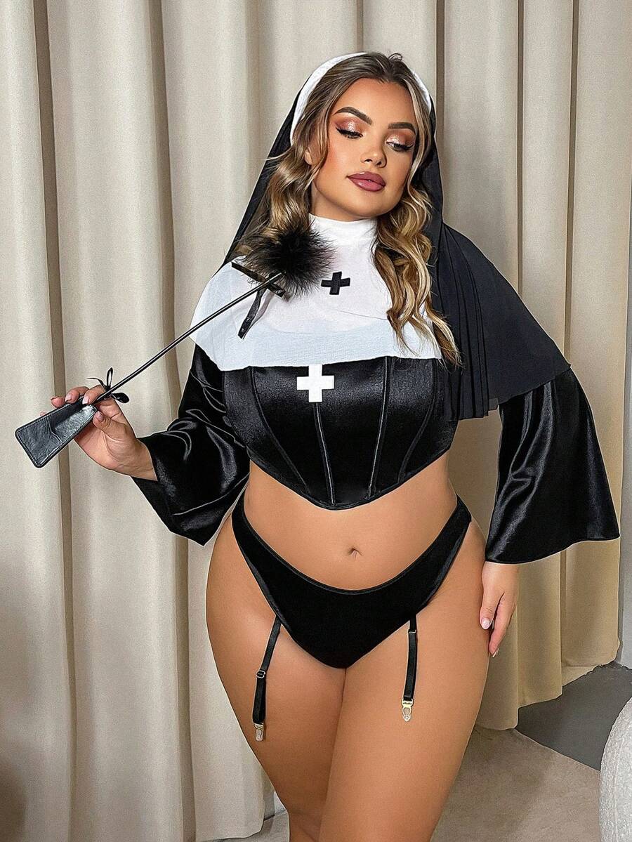 Fantasy Costume 5件套加大码女士性感内衣套装，包括带钢圈罩杯的连体衣、披肩、头饰、臂套、成人角色扮演服装 - 黑與白 - 查看 1