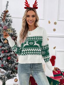 EMERY ROSE Women's Christmas Reindeer Jacquard Knit Drop Shoulder Casual Sweater - Multicolor - View 4