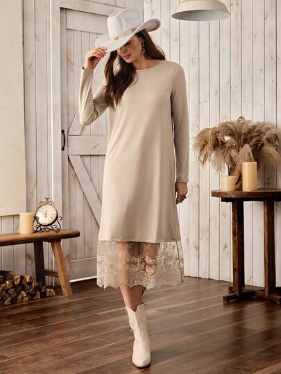 Wildy Casual American Western Country Style Lace Patchwork Apricot Color Long Sleeve Short Dress, Autumn/Winter