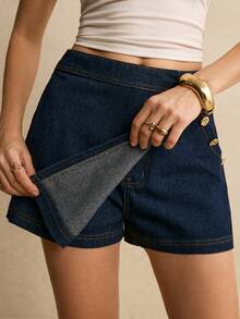 Poéselle 女士金属纽扣口袋设计休闲百搭牛仔短裙 - 深色水洗藍 - 查看 1