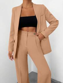 EURMUSE Women's Solid Color Shawl Collar Long Sleeve Jacket And Pants Casual Commuter Suit Set - Krem - View 4