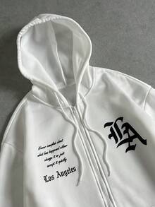 Manfinity ZONE917 Men Loose Fit Slogan Printed Drawstring Hooded Fleece Sweatshirt, For Fall Winter - White - View 2