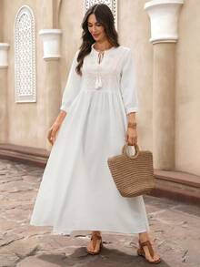 EMERY ROSE Đầm tay đèn lồng cổ buộc tua rua họa tiết hình học dành cho nữ, đi nghỉ - trắng - Xem 5