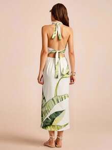 CAJUNI 性感露背吊带系腰修身女士长连衣裙，休闲款 - 杏色 - 查看 2