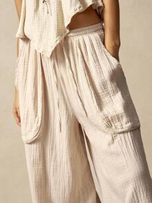 Bohemela 女士休闲纯色梭织宽松阔腿水洗裤 - 杏色 - 查看 6