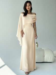 Aloruh Váy suông cổ thuyền lệch vai ôm vừa vặn mới có chi tiết buộc nơ, váy đuôi cá dài màu xanh lá cây đa năng cho sinh nhật, tiệc tùng, cocktail - Màu be - Xem 3