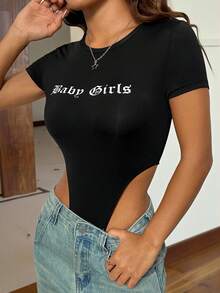 SHEIN EZwear Black Letter Printed T-Shirt Bodysuit - Black - View 4