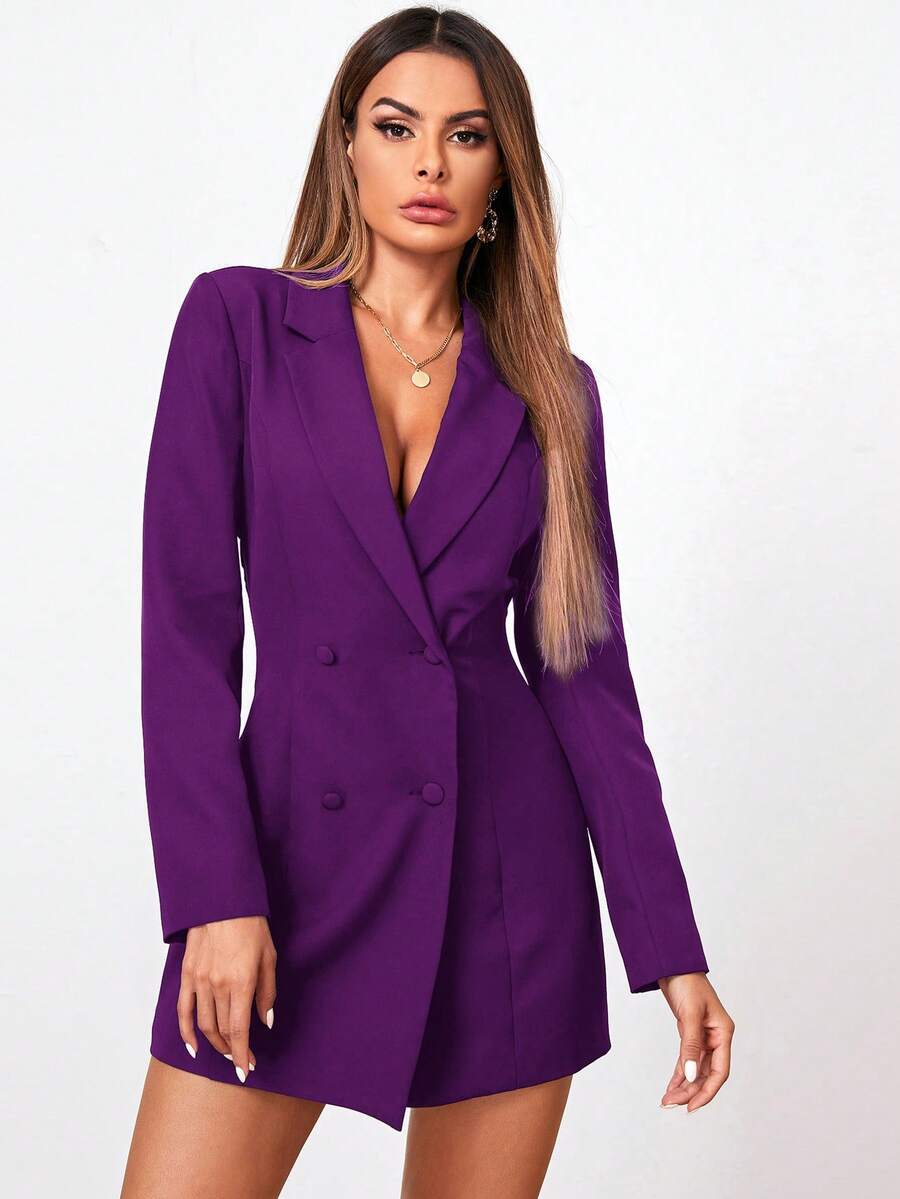 Lapel Collar Double Breasted Blazer Dress - Purple - View 1