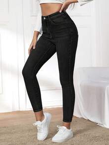 EURMUSE Cotton Zipper Fly Cropped Skinny Jeans - Black - View 2
