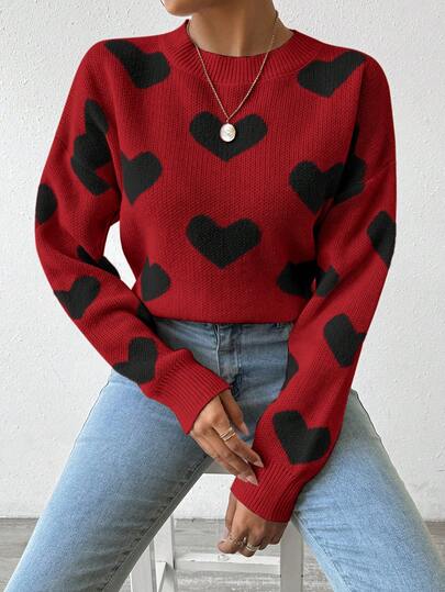 EMERY ROSE Suéter holgado de punto con cuello redondo y hombros caídos con estampado de corazones