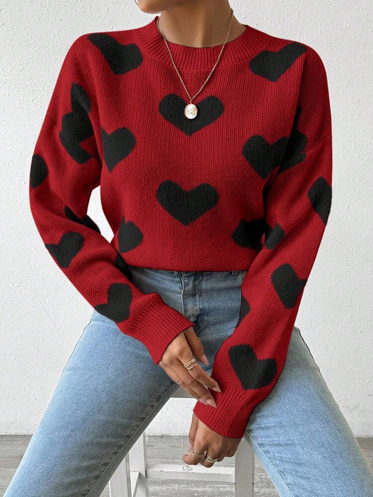 SHEIN LUNE Heart Pattern Dropped Shoulder Crew Neck Loose Knit Pullover Sweater - Multicolor - View 1