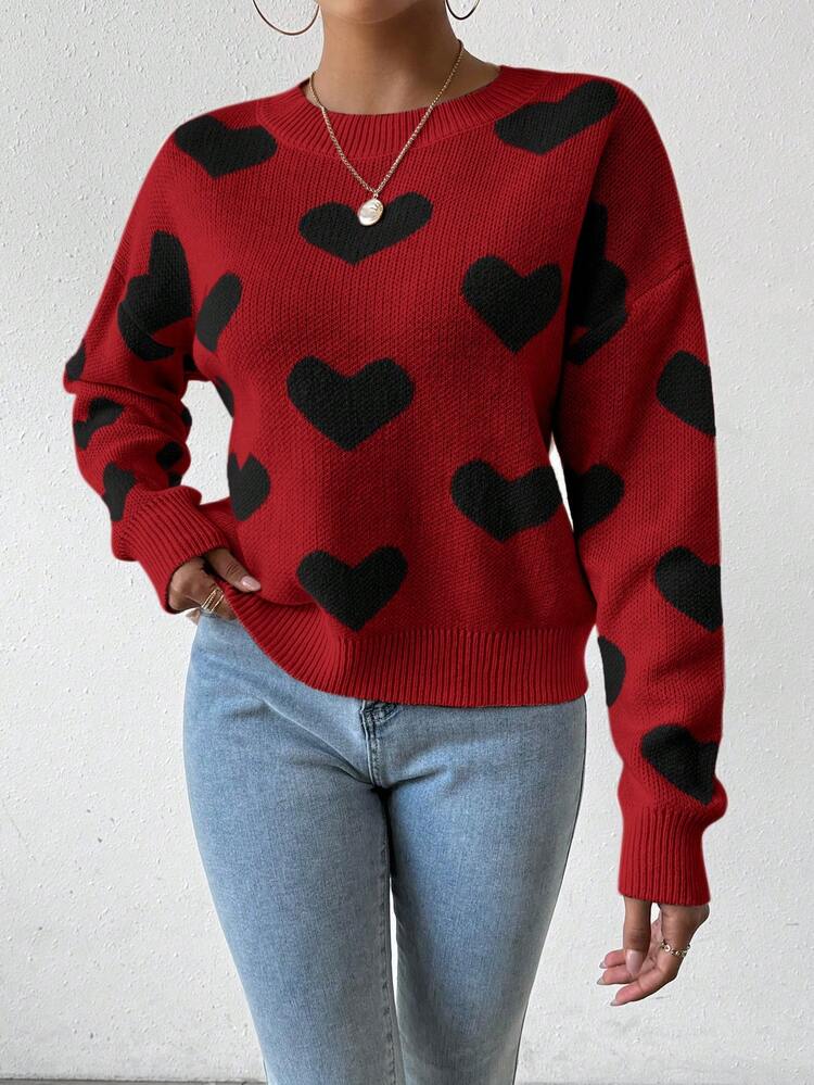 SHEIN LUNE Heart Pattern Dropped Shoulder Crew Neck Loose Knit Pullover Sweater - Multicolor - View 6