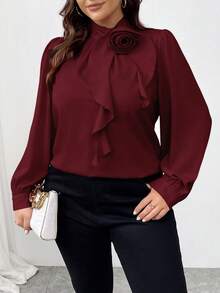 SHEIN Women Plus Size Elegant 3D Floral Decorated Ruffle Collar Blouse, Autumn For New Year Clothes,Valentine - Burgundy - View 7