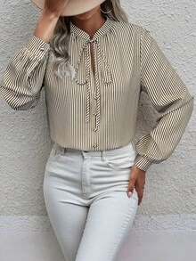 EMERY ROSE 女士休闲通勤条纹打结领衬衫，秋季款 - 彩色 - 查看 5