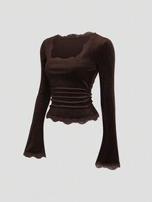 Sweetra 复古法式修身喇叭袖蕾丝领百搭女式T恤 - 摩卡棕 - 查看 1