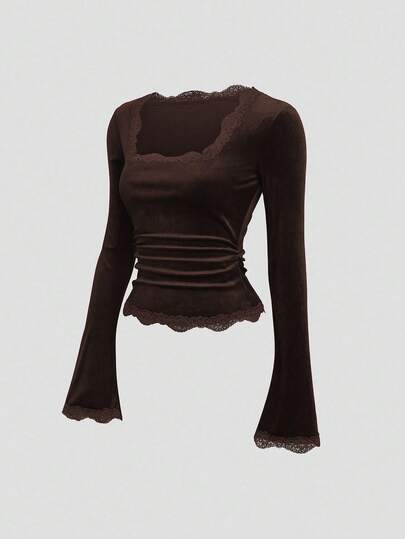 Sweetra Vintage French Style Fitted Flare Sleeve Lace Collar Versatile Women T-Shirt