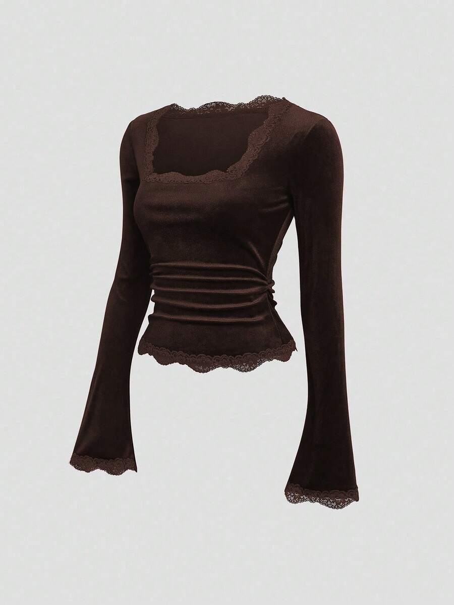 Sweetra 复古法式修身喇叭袖蕾丝领百搭女式T恤 - 摩卡棕 - 查看 1