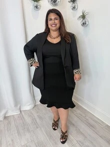 Enliva Jennifer_samantha_style Black Leopard Print Plus Size Women's Blazer With Cuff Splicing, Elegant Daily Wear Office Commute Outfit, For Apple Rounded Body Shape