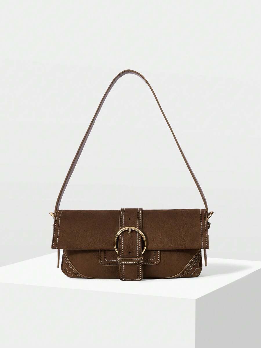 MOTF PREMIUM 女士复古麂皮针扣翻盖单肩包 浓缩咖啡棕色 - 棕色 - 查看 2