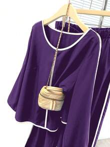 EMERY ROSE Plus Size Contrast Color Long Sleeve Top And Wide Leg Pants 2 Pieces Set - Purple - View 4
