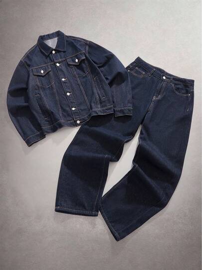 StoneGrade Men Navy Blue Denim 2 Piece Set, Casual Jacket And Loose Fit Pants, Spring/Autumn Boyfriend & Husband Regular Washed Black Loose Wide Leg For Chore Jacket Mens Denim Set