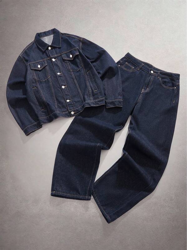 StoneGrade Men Navy Blue Denim 2 Piece Set, Casual Jacket And Loose Fit Pants, Spring/Autumn Boyfriend & Husband Regular Washed Black Loose Wide Leg For Chore Jacket Mens Denim Set