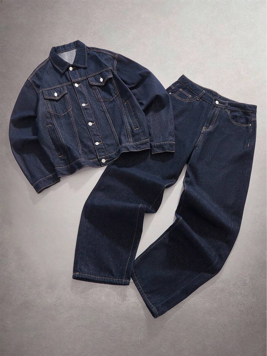 StoneGrade 男士深蓝色牛仔两件套，休闲夹克和宽松长裤，春秋季 - 深色水洗藍 - 查看 1