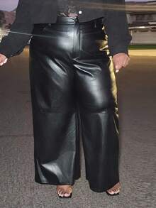 Truni Lacenleopard Plus Size Black Button Design Side Pocket Leather Straight Pants, Winter, For Pear Triangle Body Shape - Black - View 6