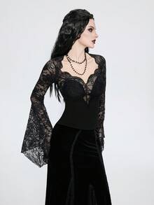 Breakform 女士哥特性感Y2K深V领蕾丝边拼接纯色针织修身喇叭袖上衣 - 黑色 - 查看 1