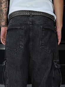 Manfinity EMRG 男士休闲水洗直筒工装牛仔裤 - 深灰色 - 查看 7