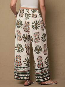 SHEIN LUNE 加大码女士情人节春季休闲夏季女装 Id AI-Adha Vacation 蜜桃色高腰蕾丝腰带夏季女装抽绳可调节宽松长裤女士裤波西米亚风阔腿夏季裤女装嬉皮裤波西米亚风裤 - 彩色 - 查看 2