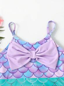 女孩美人鱼印花蝴蝶结可爱泳衣,运动沙滩度假游泳休闲趣味 - 藍色 - 查看 5