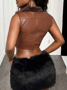 Slaydiva Women's Fashionable Sexy Faux Fur Cropped Vest Jacket For Going Out & Party - Brown - View 3