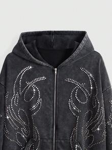 ROMWE EDITION Y3K Punk Symbol Studded Washed Open Front Sweatshirt - Black - View 3