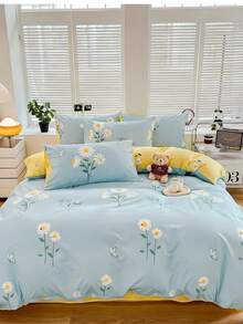 Joivida 3pcs/Set Blue Floral Printed Korean Style Countryside Style Bedding Set, Made Of Soft Aloe With Brushed Texture, Including 1 Duvet Cover And 2 Pillowcases, Multiple Sizes Available, Filling Not Included - Blue and White - View 10
