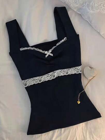 Glimmora Elegantes Damen Top mit Kontrastfarbe und Spitzeneinsatz, ärmellos, Sommer