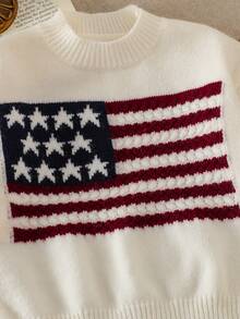 SHEIN Young Girl Casual Loose Crew Neck Long Sleeve Sweater Kids American Flag Independence Day Kids 4 July - White - View 4